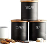 Bewaarblik - Voorraadpotten - Suikerpot - 3 stuks - Voorraadblik - Deksel Bamboe - Luchtdict Voorraadbussen Potten - Koffie Thee Suiker - Zwart