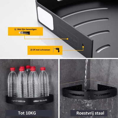 Dubbele Doucherek Zwart Zonder Boren – Sterke lijmbasis - Badkamer rek – Hoek – Doucherekjes – Incl. schroeven 4