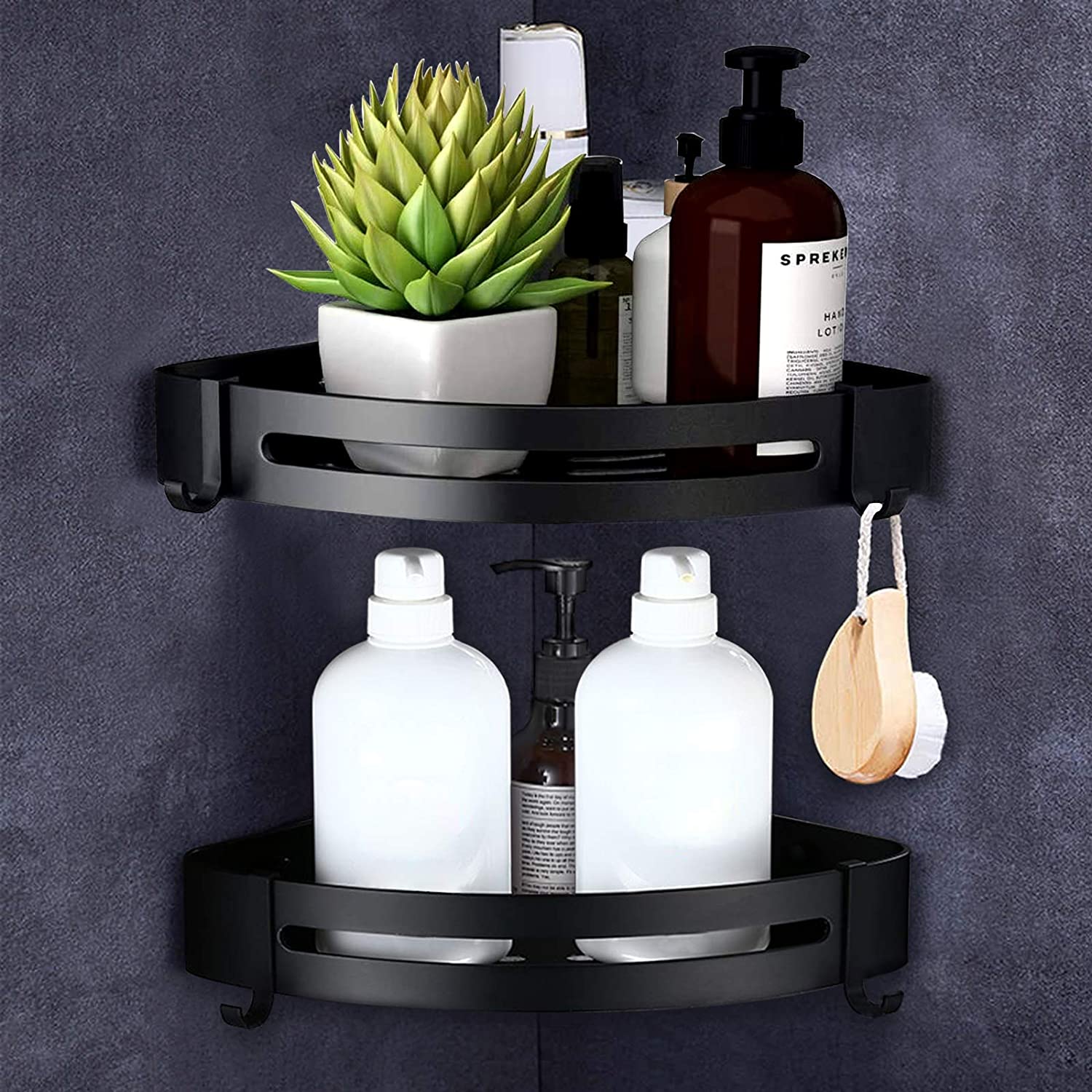 Dubbele Doucherek Zwart Zonder Boren – Sterke lijmbasis - Badkamer rek – Hoek – Doucherekjes – Incl. schroeven