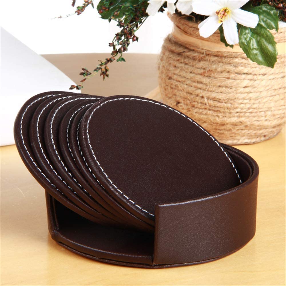 8 PU Leren Onderzetters voor glazen met Houder – Glasonderzetter voor op tafel – Waterbestendig – 8 stuks – Anti klevend materiaal