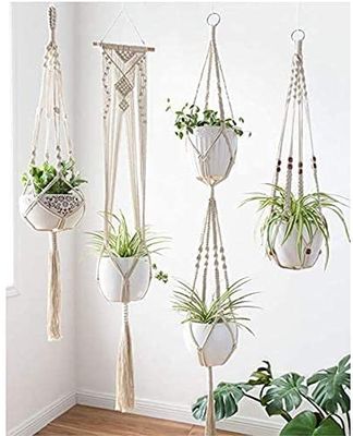 4 Stuks Plantenhangers - Hangpot voor Binnen/Buiten - Bloempot met Kralen - Macramé Touw/Koord Hangplant Houder - Wandhanger - Planthanger 2
