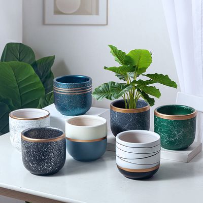 Bloempotten Binnen - Keramiek - Gouden Rand - Bloempot buiten - Afvoergat 24 cm - Turquoise– Groot 4