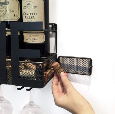 Wijnrek Wijnglazen – Voor aan de muur – RVS Metaal – Hangend – Wandmontage – Zwart – Industrieel – Incl. bladeren en kersen 2