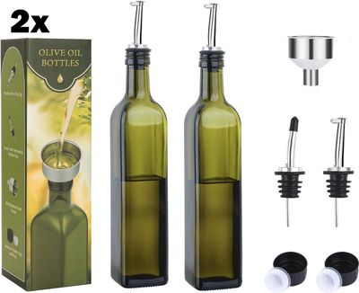2x Oliefles met schenktuit - Olijfolie/Azijn – 2 x 500ml - Glas - Navulbaar - Inclusief Trechter en doppen